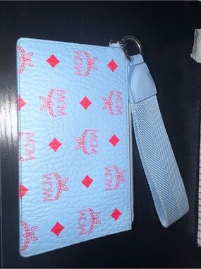 MCM Sky Blue Wristlet with Pink Logo Accents